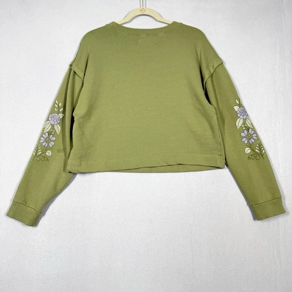 Anthropologie Top Womens Medium Floral Embroidered Sweatshirt Boxy Cropped Boho - Picture 5 of 12